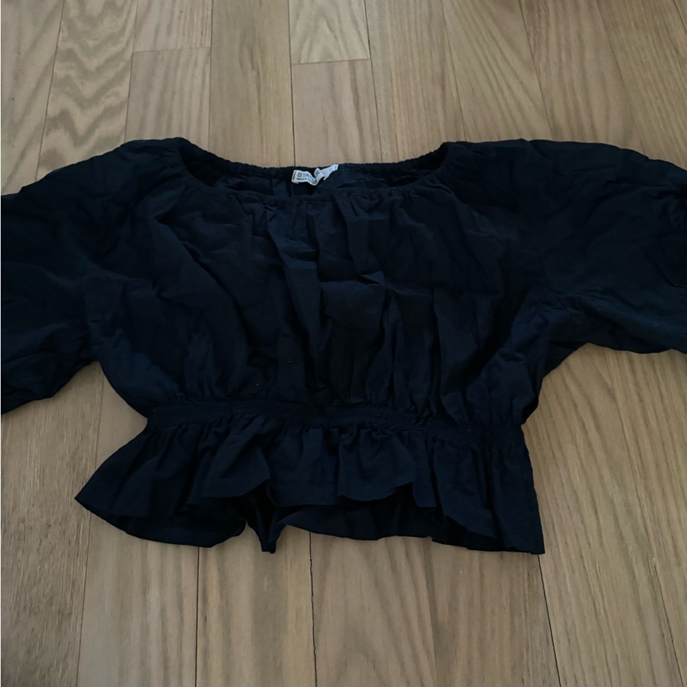 Stateside Navy Ruffled Short Sleeve Crop Blouse